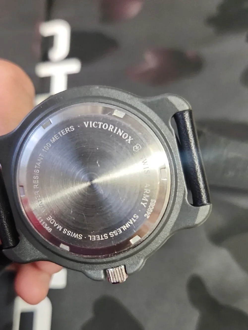 Victorinox Red-Bezel Silver Field Watch with Black Strap